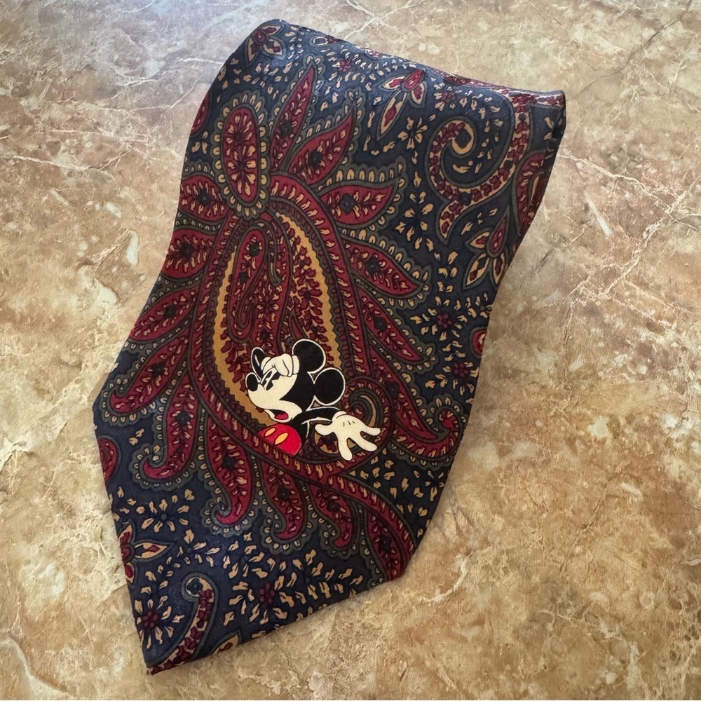 The Disney Store 100% Silk Necktie Designer Navy Burgundy Paisley Mickey Mouse